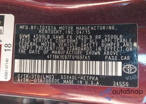 2015 Toyota Avalon Limited from USA, damaged, VIN 4T1BK1EB7FU169741